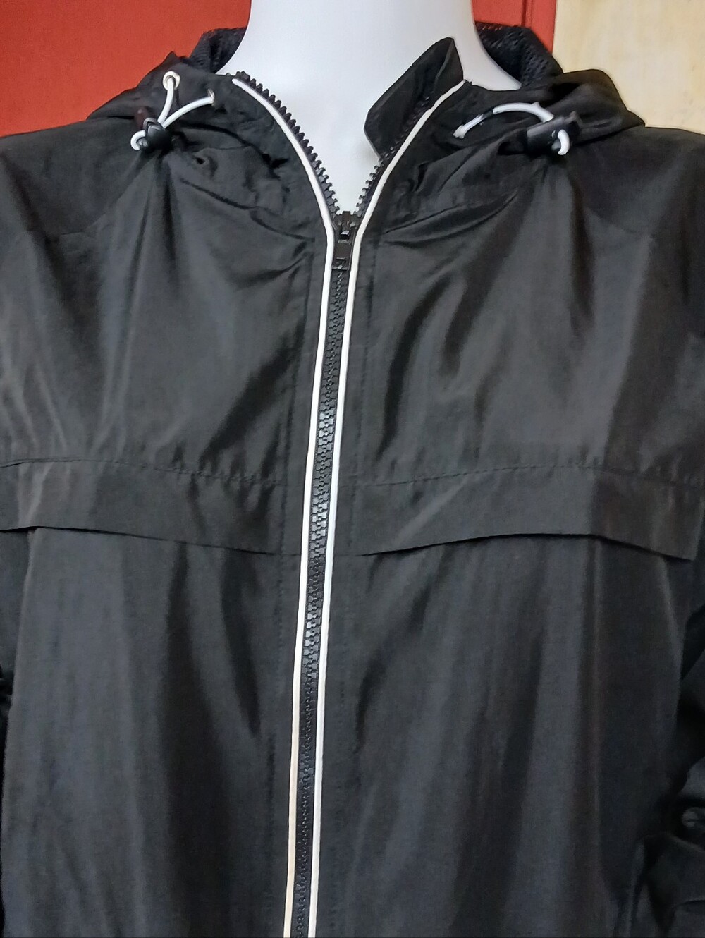 Forever 21 Black Hooded Windbreaker with White Contrast Trim